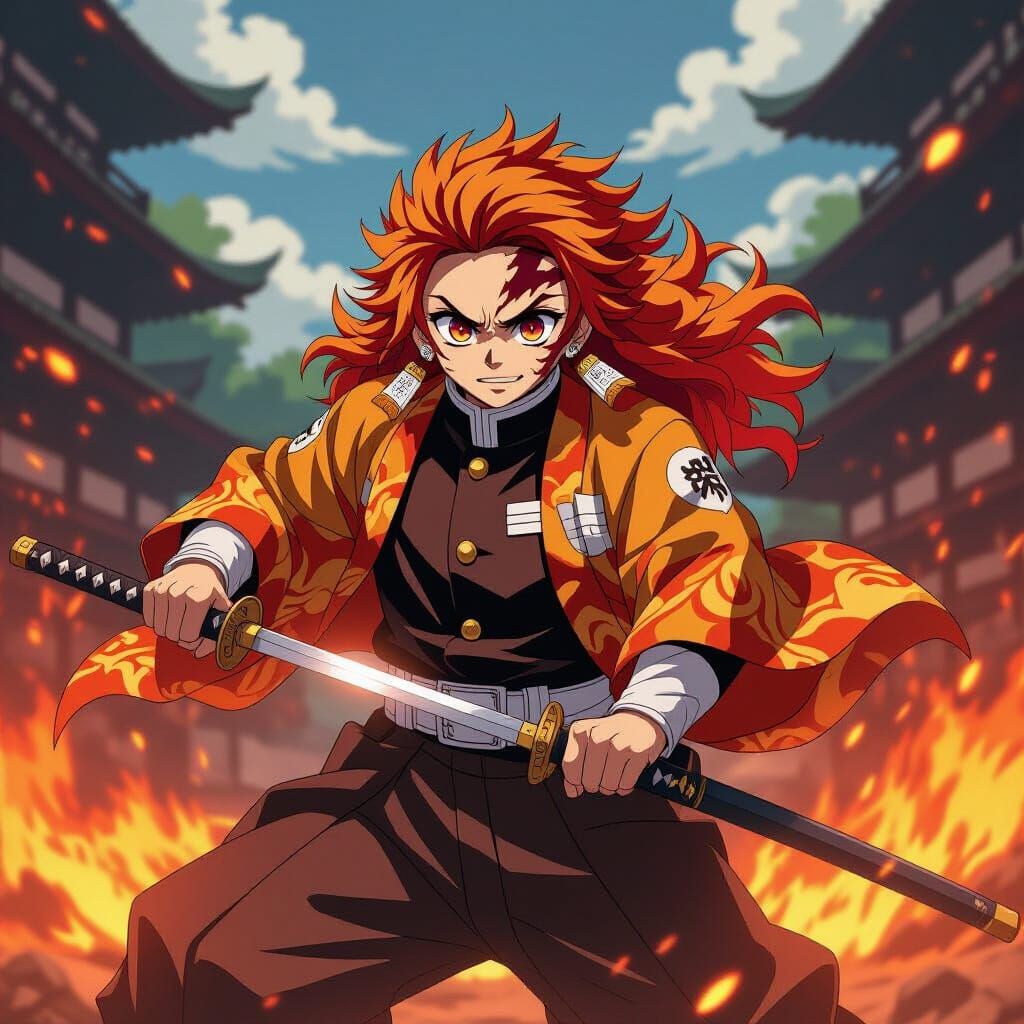 Rengoku in Dynamic Battle Pose, Vibrant Anime Style