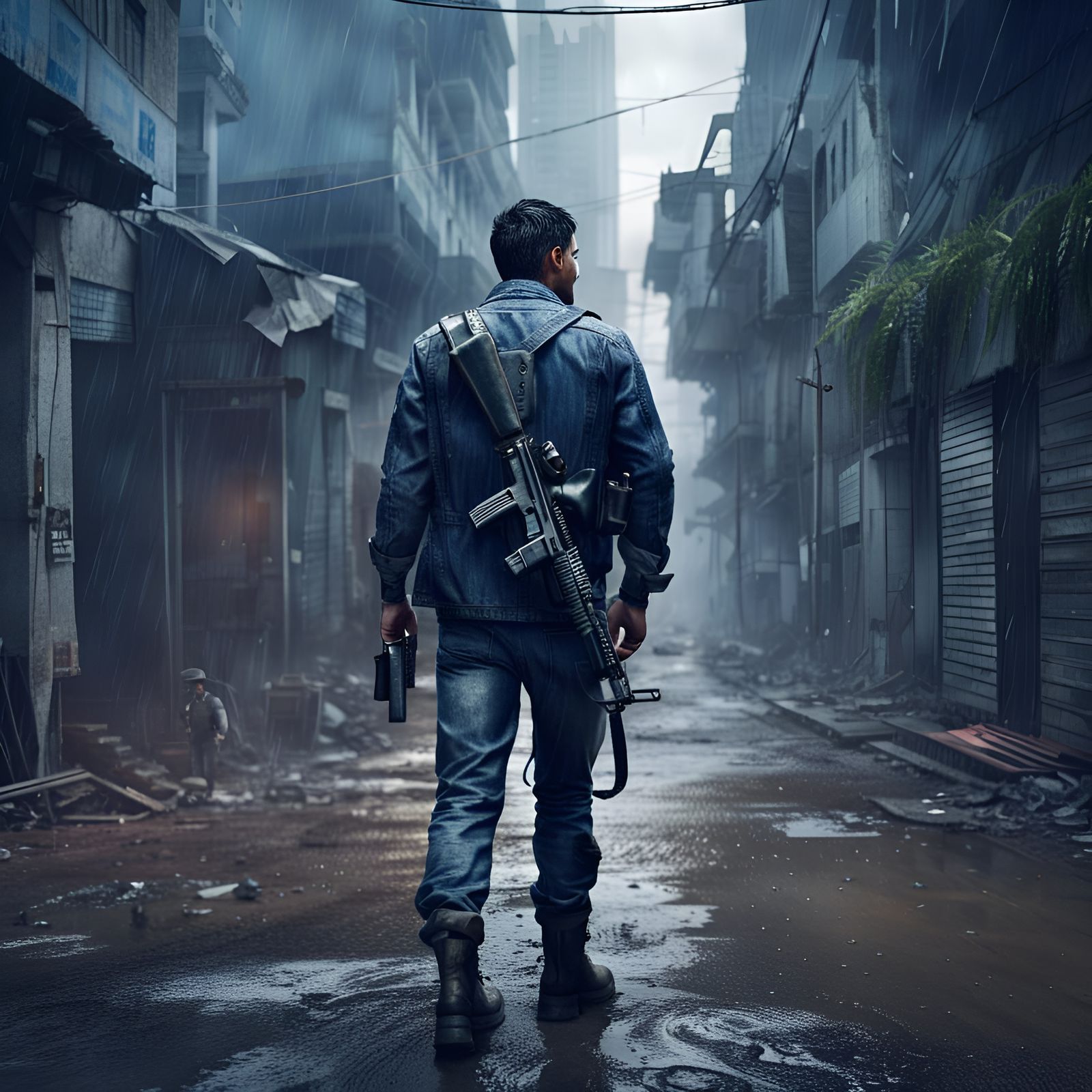 Bangladeshi Agent Patrolling Abandoned City in Detailed Matt...