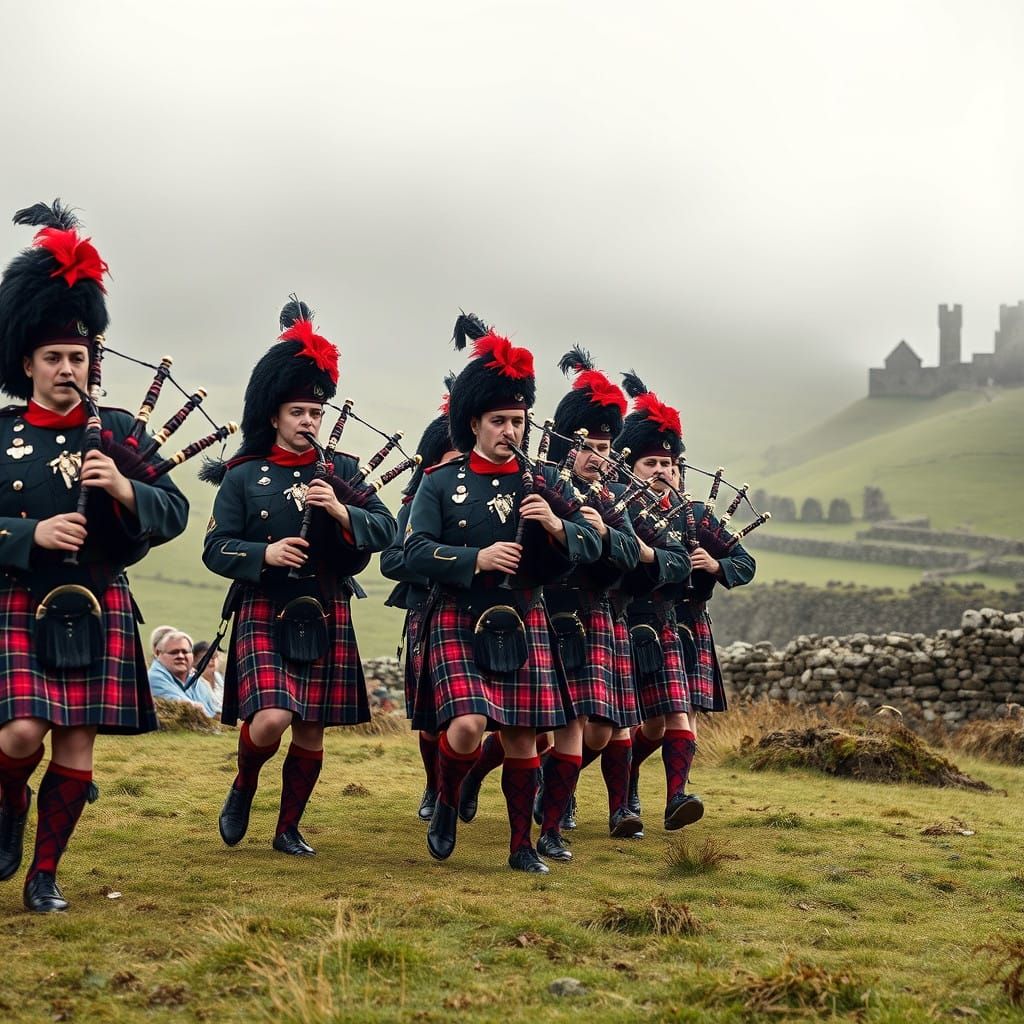 Epic Tartan Warriors Marching Through Misted Highland Battle...