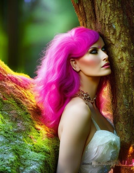 Pink-Haired Elf in Woodland Scene with Wolf