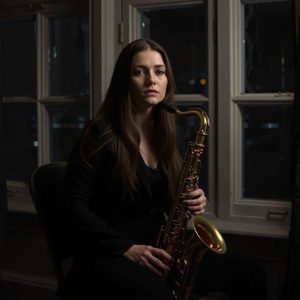 Woman Playing Saxophone at Night with Cinematic Lighting