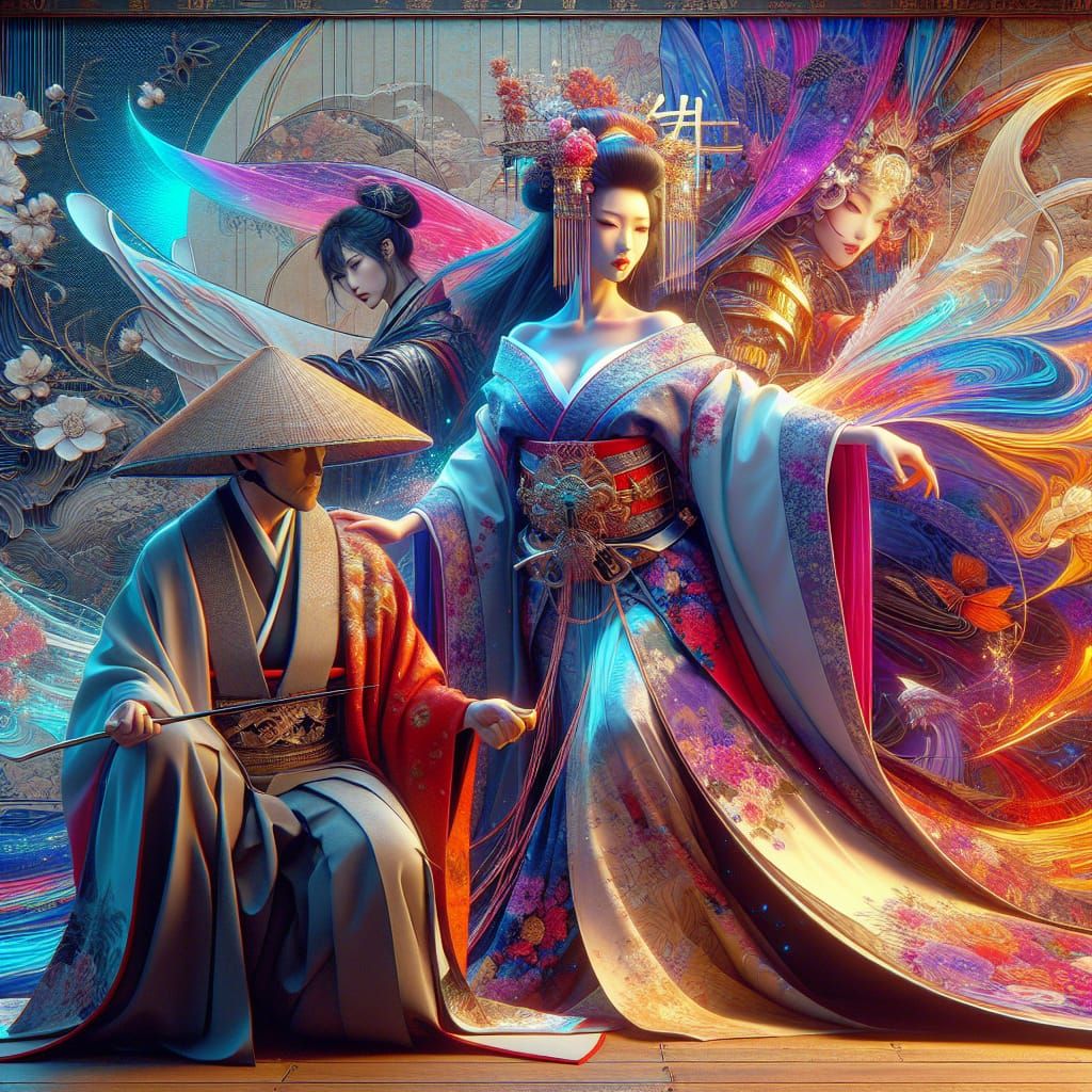 Elegant Japanese Woman in Traditional Setting, Digital Art