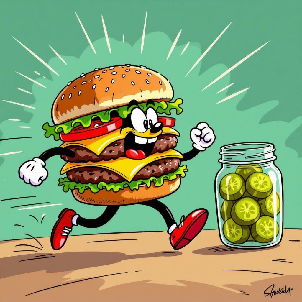 Cartoon Burger Dashes Towards Pickles in Looney Tunes Style
