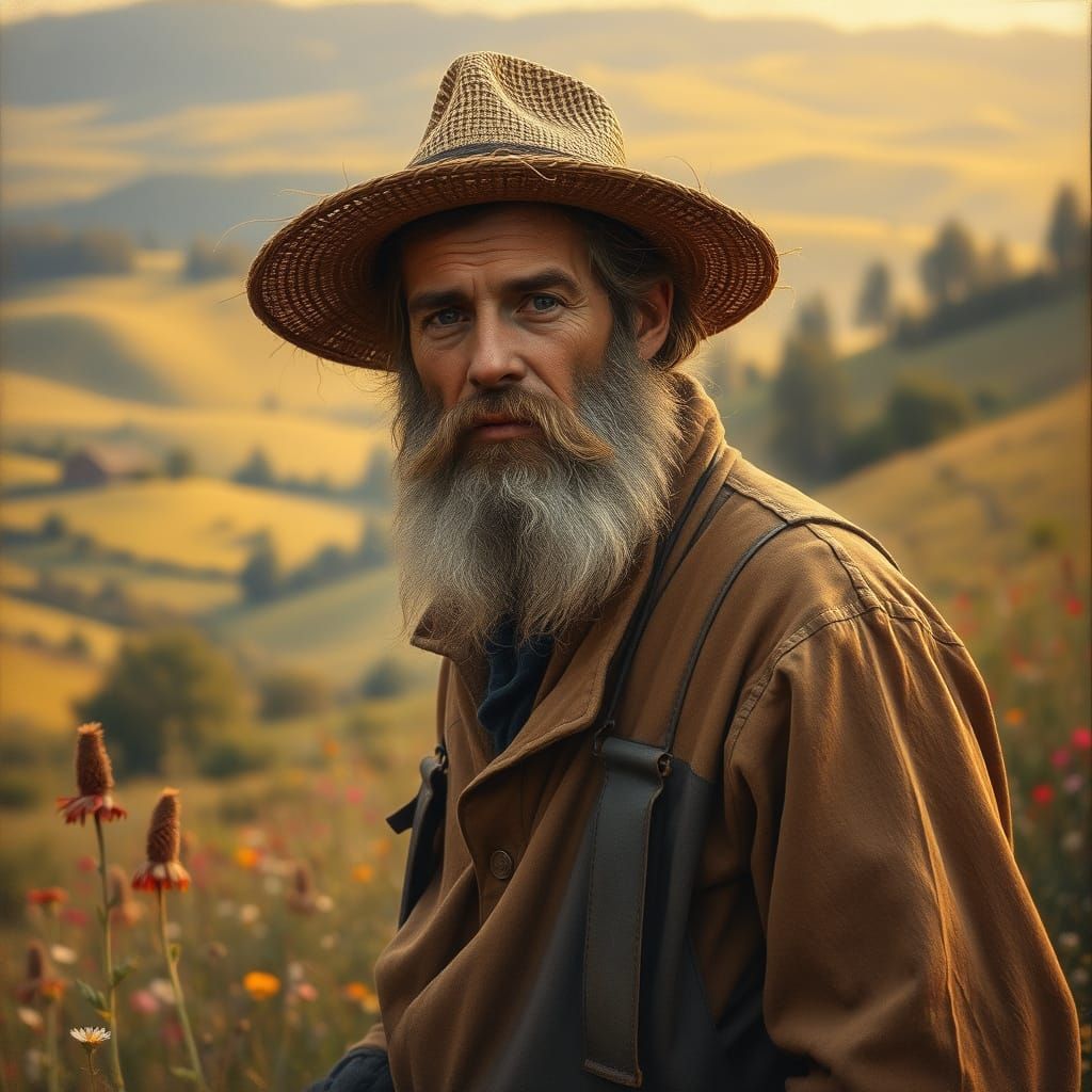 Rustic 19th Century Countryside Scene in Earthy Folk Art Sty...