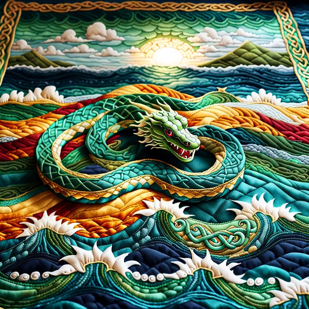 Textile Art Sea Serpent Emerges from Quilted Ocean