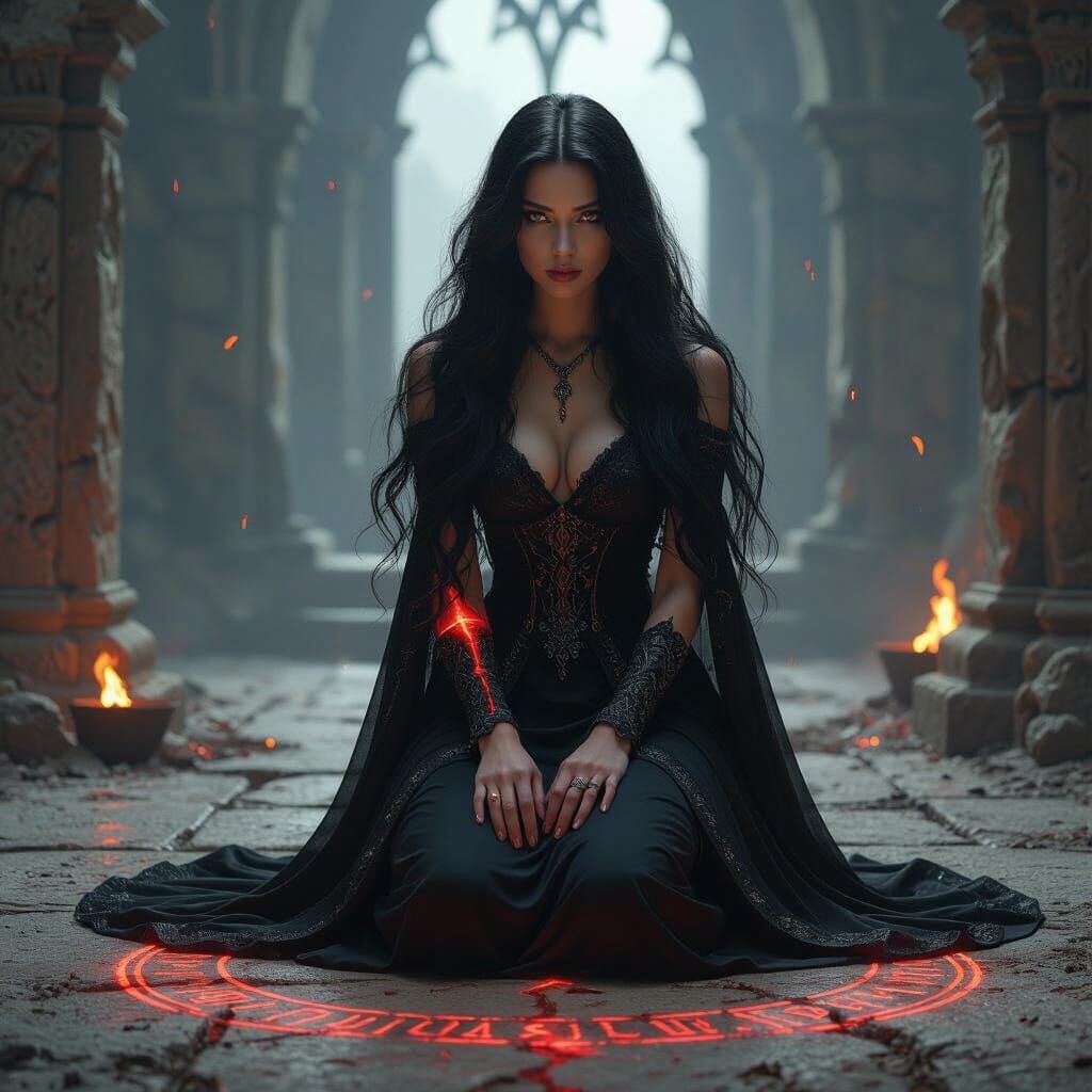 Medieval Sorceress in Ruined Temple, in Gothic Style