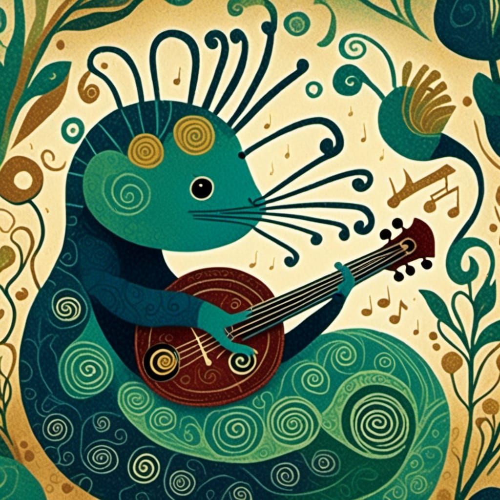 Cute Creatures' Jazz on Record Sleeve, Folk Art Style