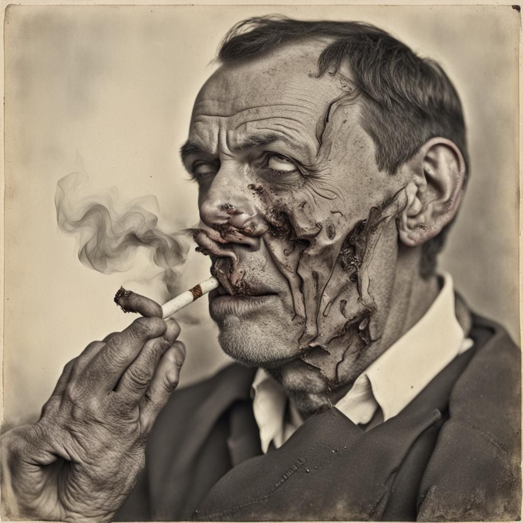 Disfigured Man Smoking: Expressive Character Sketch