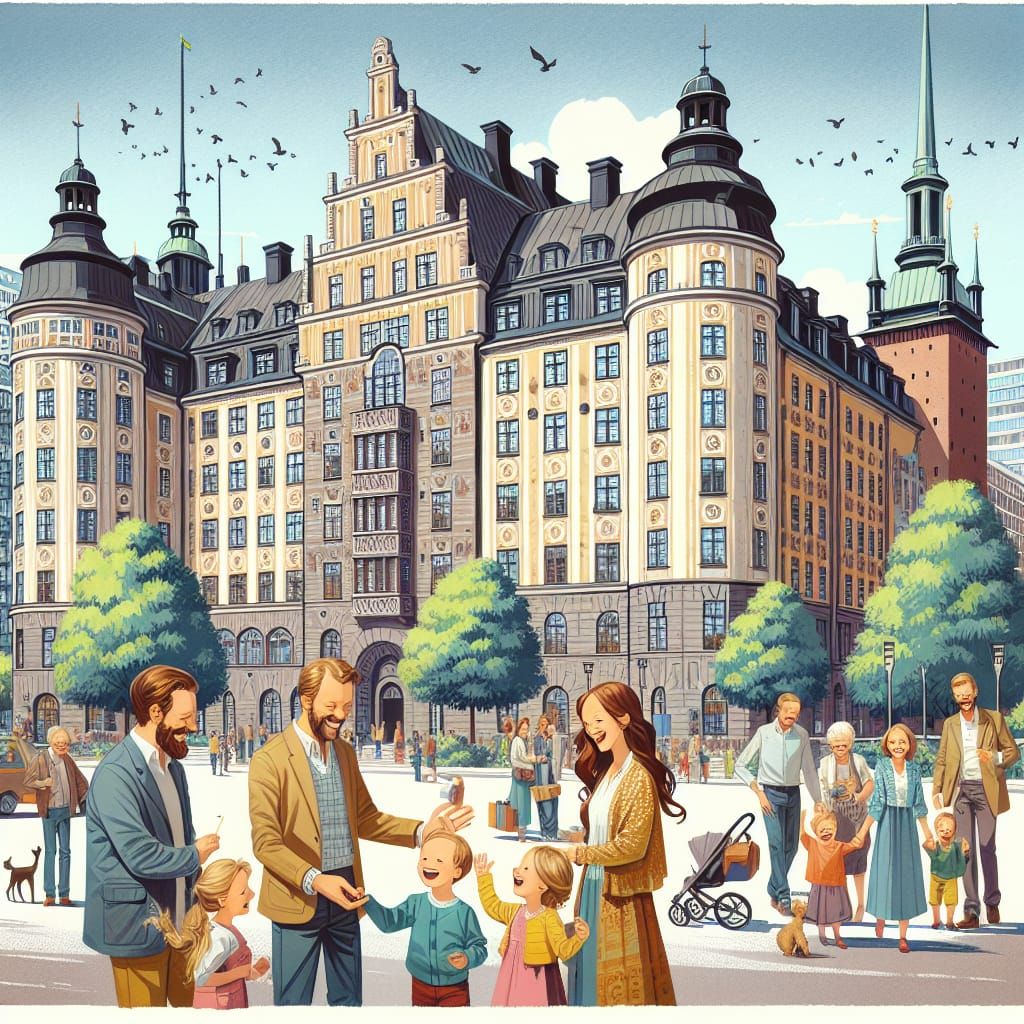 Nordic Families Gathering in Stockholm: A Gouache Painting