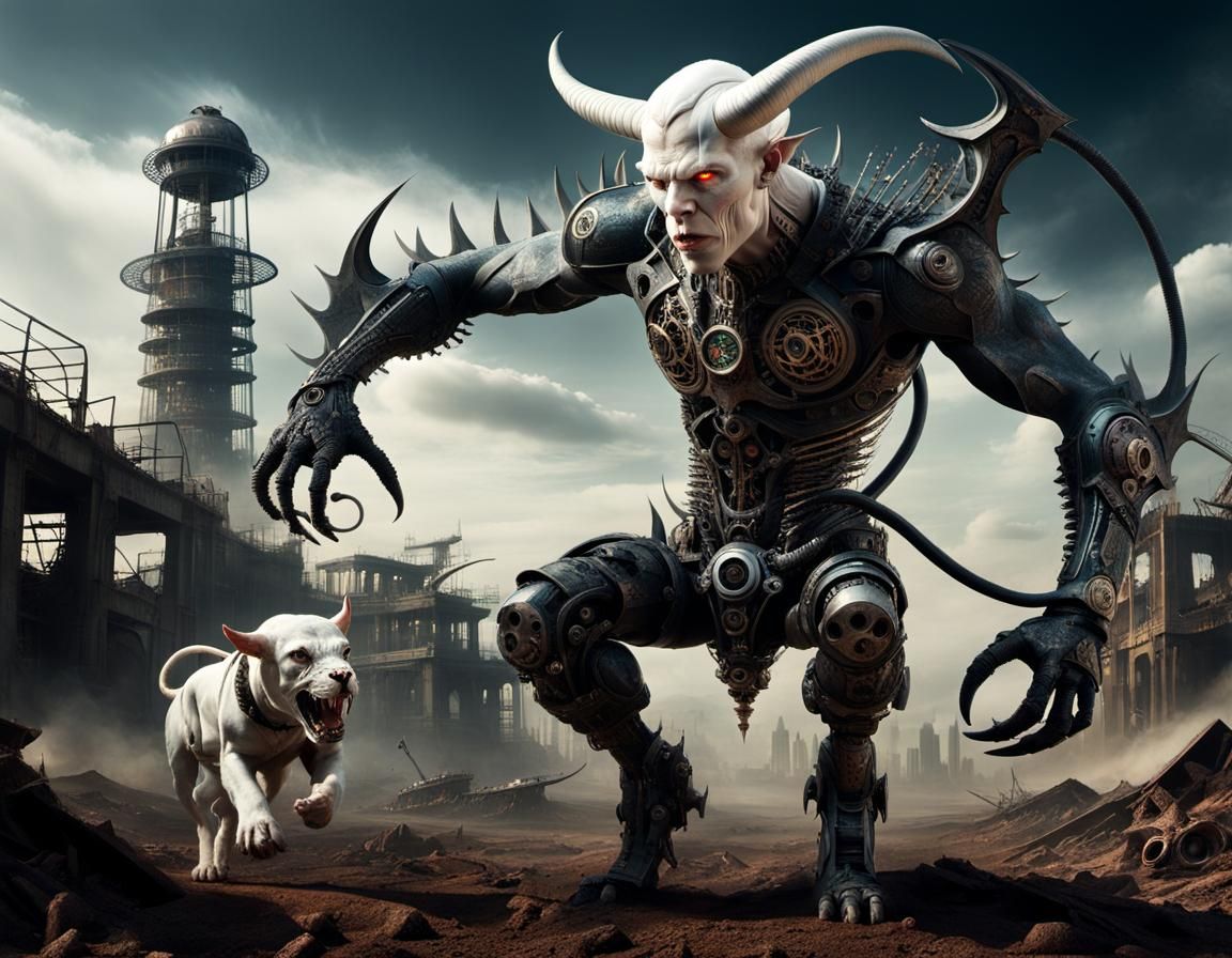 Albino Devil Biomechanical Fusion in Apocalyptic Landscape