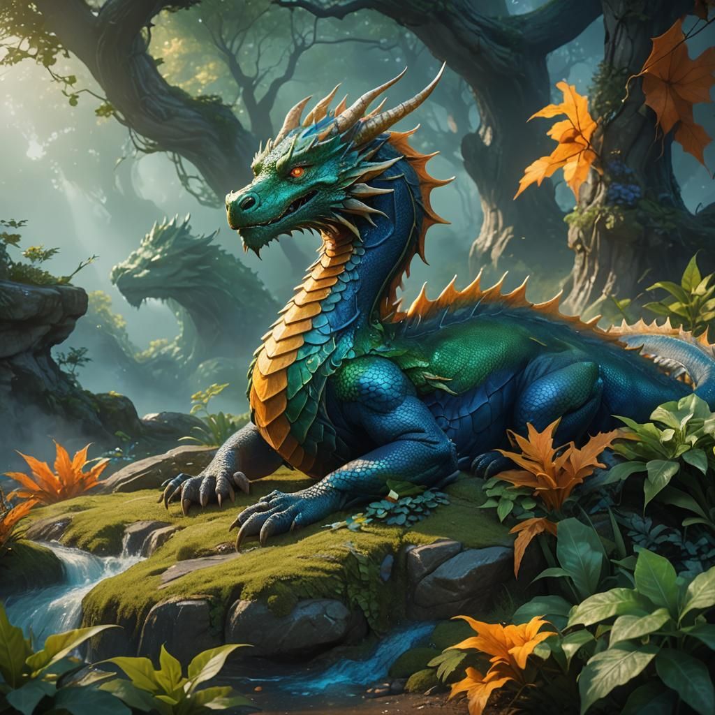Sleeping Dragon in Serene Emerald Landscape