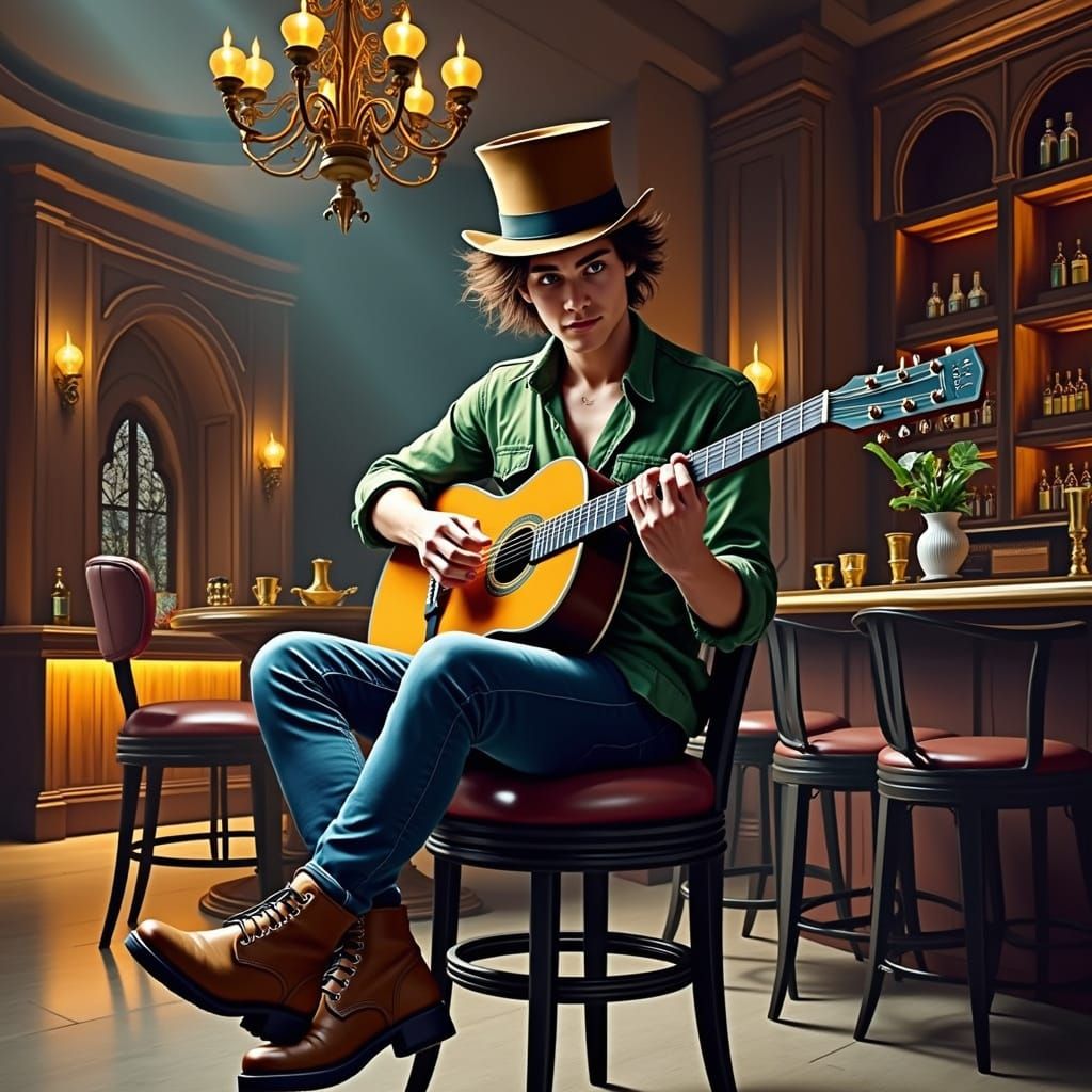 Dapper Gentleman in Top Hat, Playing Guitar in a Luxurious B...