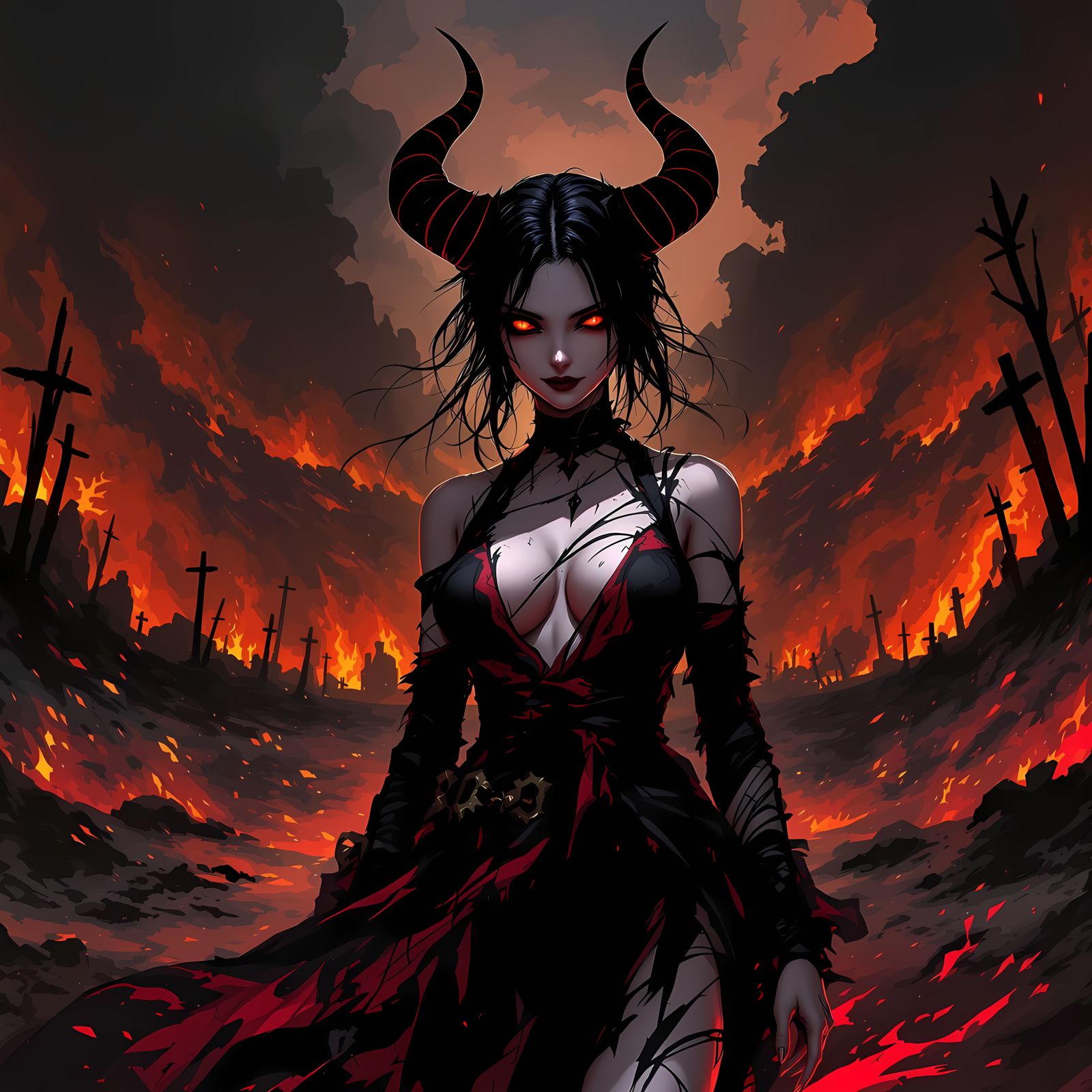 Anime-Style Demon Goddess Ignites Dark Battlefield