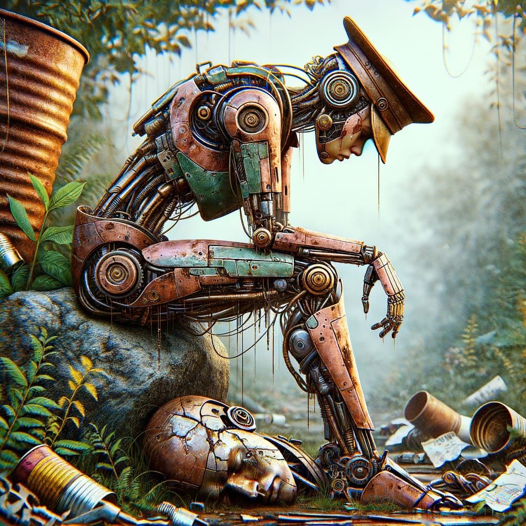 Futuristic Robocop with Rose Gold Hat, Sorrowful in a Desola...