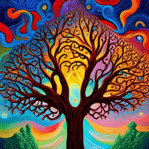 Tree of Life with Luminous Eyes in Graffiti Art Style