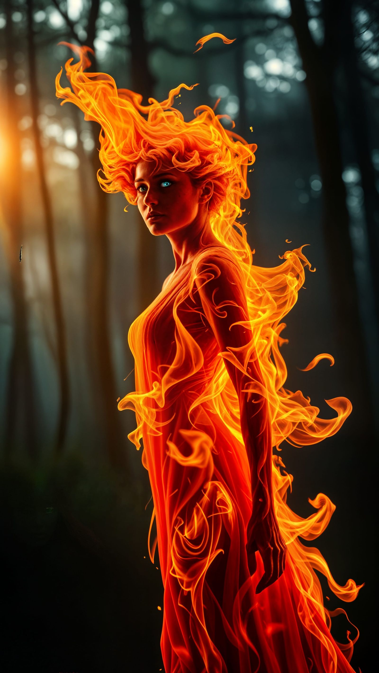 Fire Spirit Dances in Forest Clearing, Cinematic Film