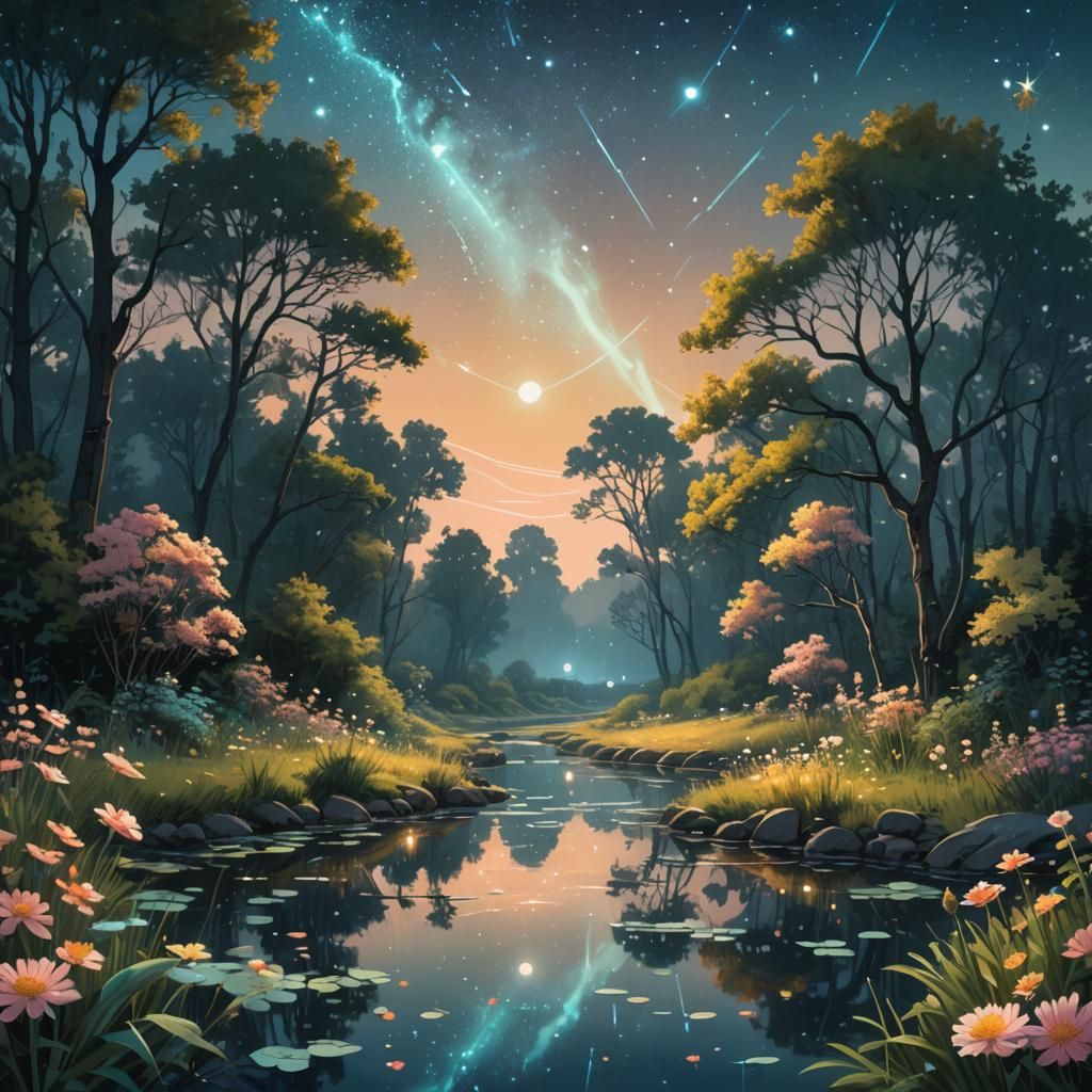 Starlit Garden with Luminous Flowers: Dreamlike Landscape