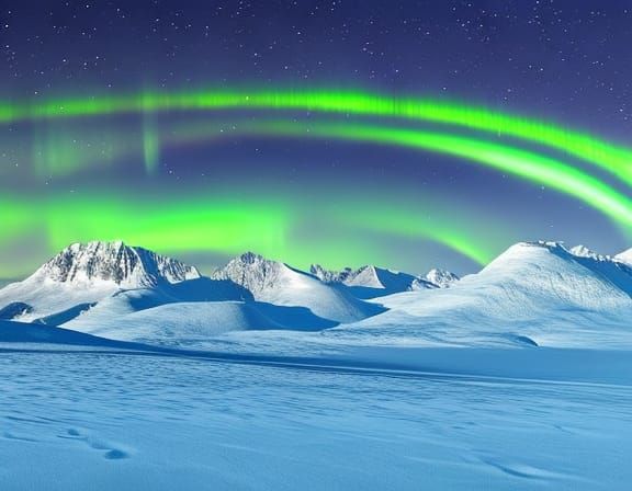 Aurora Borealis Over Snowy Mountain Range