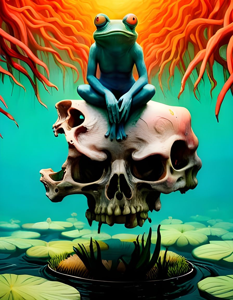 Disturbing Frog on Skull in Pond, Digital Art