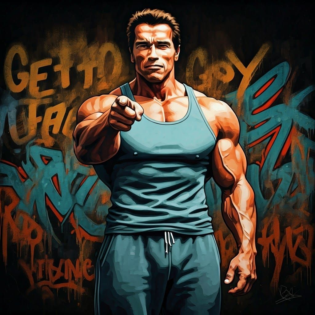 Arnold Schwarzenegger Gym Motivation in Street Art Style