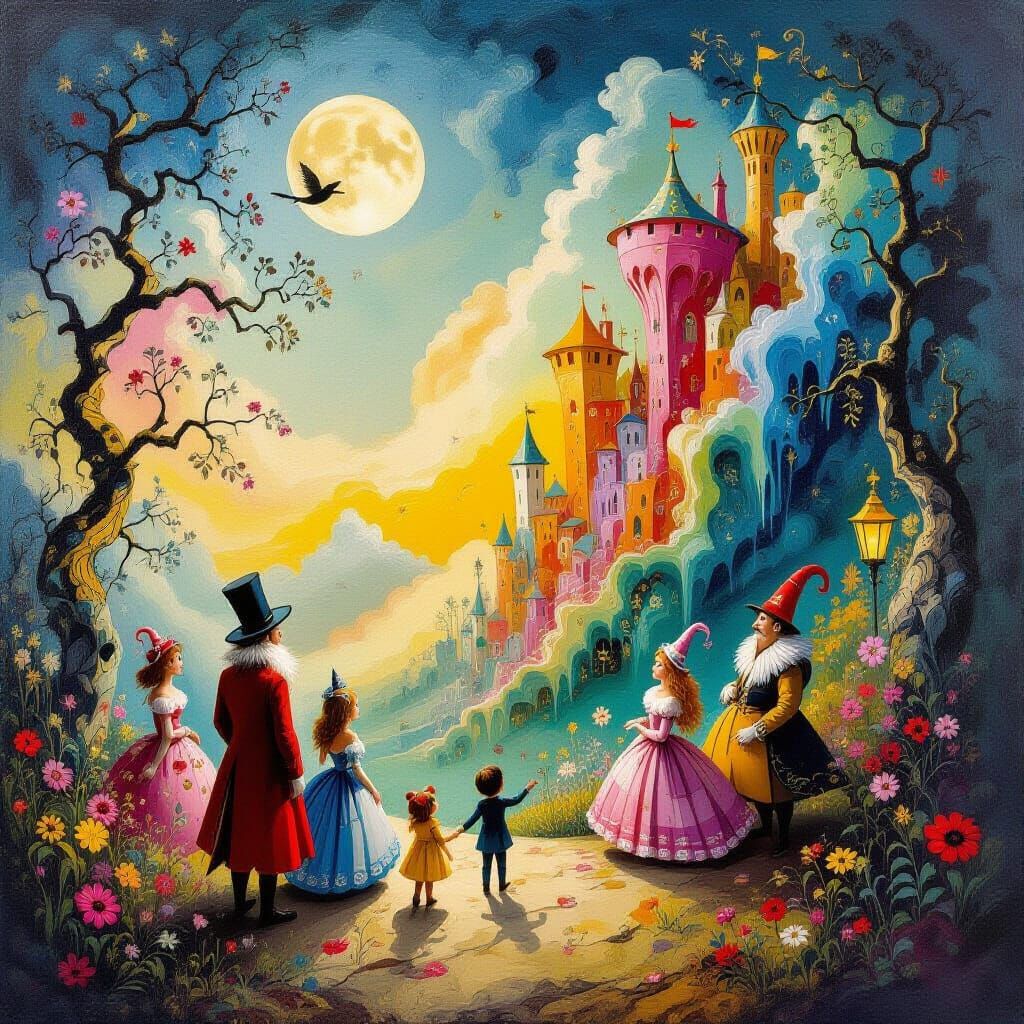 Dreamlike Fairytale Scene in Surrealist Style