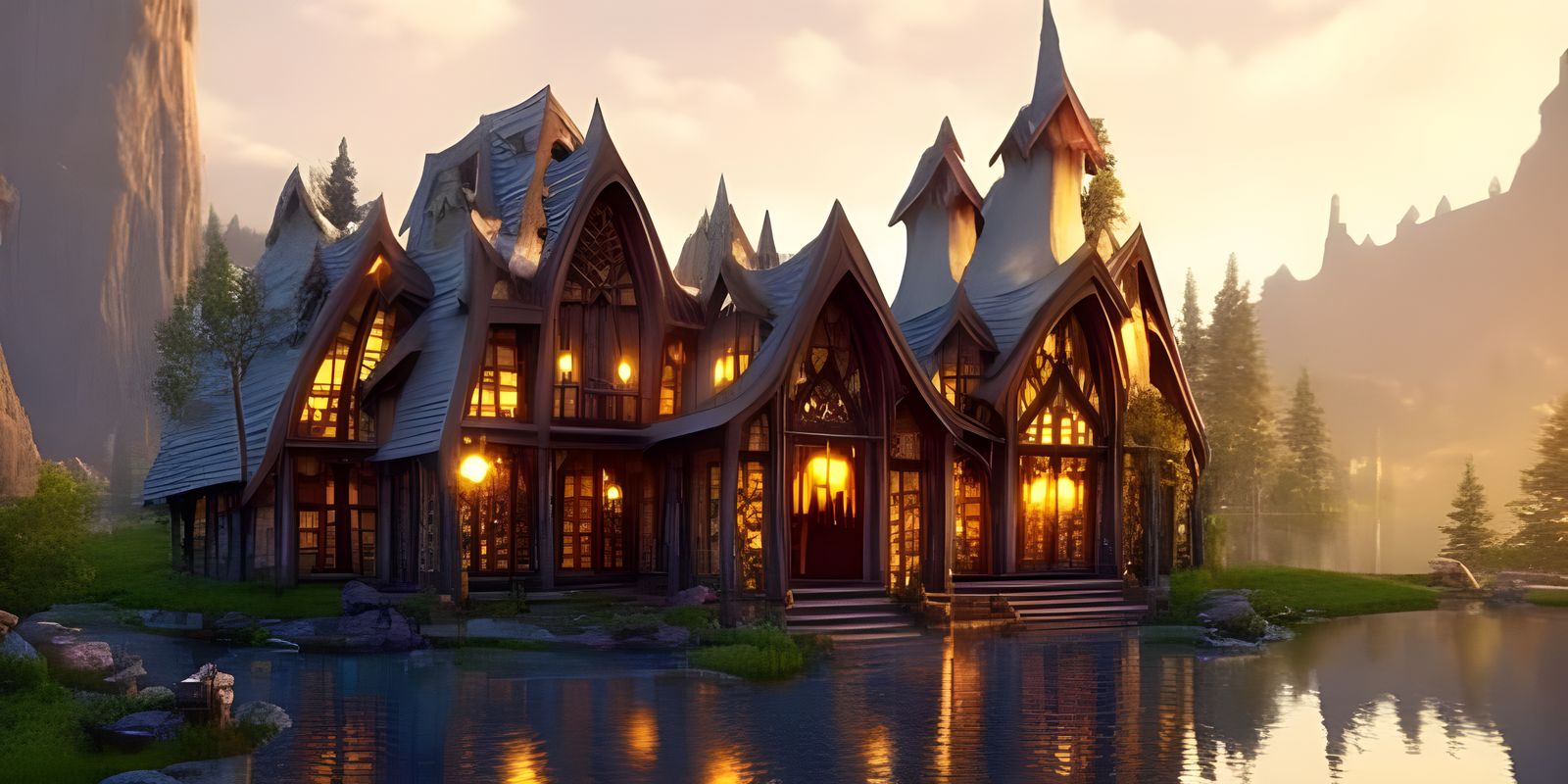 Enchanted Elven Village on Lake in Art Nouveau