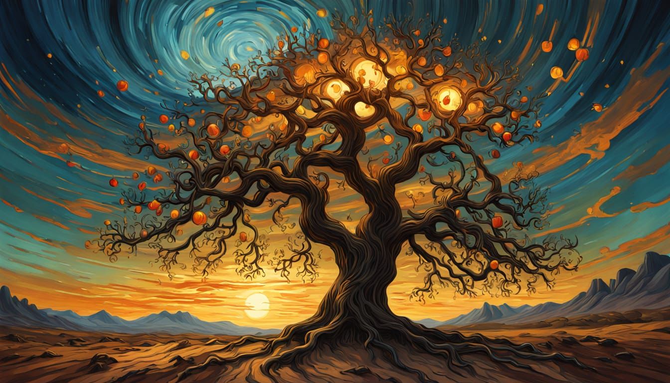 Glowing Apples on Ancient Tree, Impasto Painting