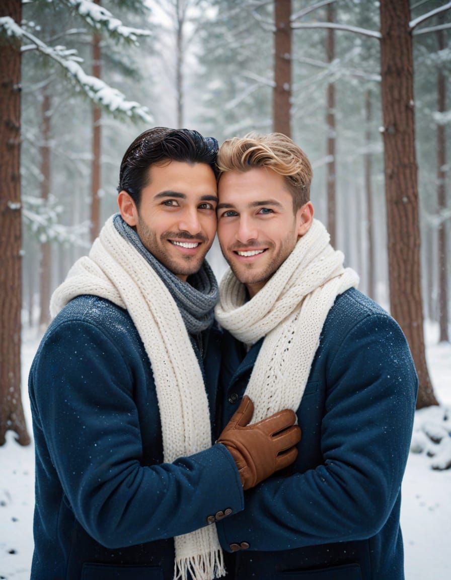 Amidst Winter Wonderland, Gay Couple Share Tender Embrace