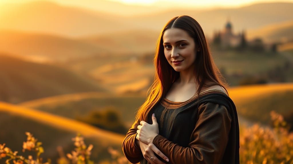 Mona Lisa and Da Vinci Embrace in Tuscan Golden Hour