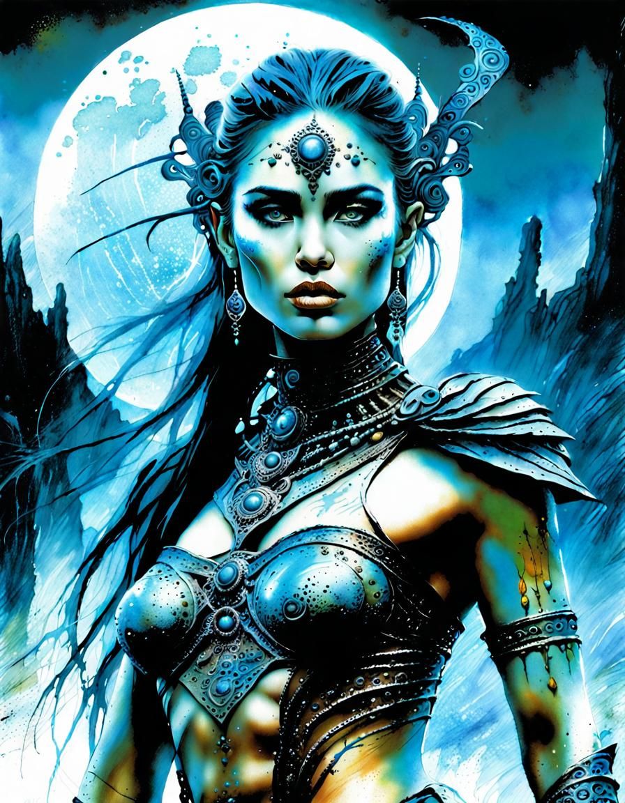 Biopunk Fantasy Woman in Color Splatter Ink Style