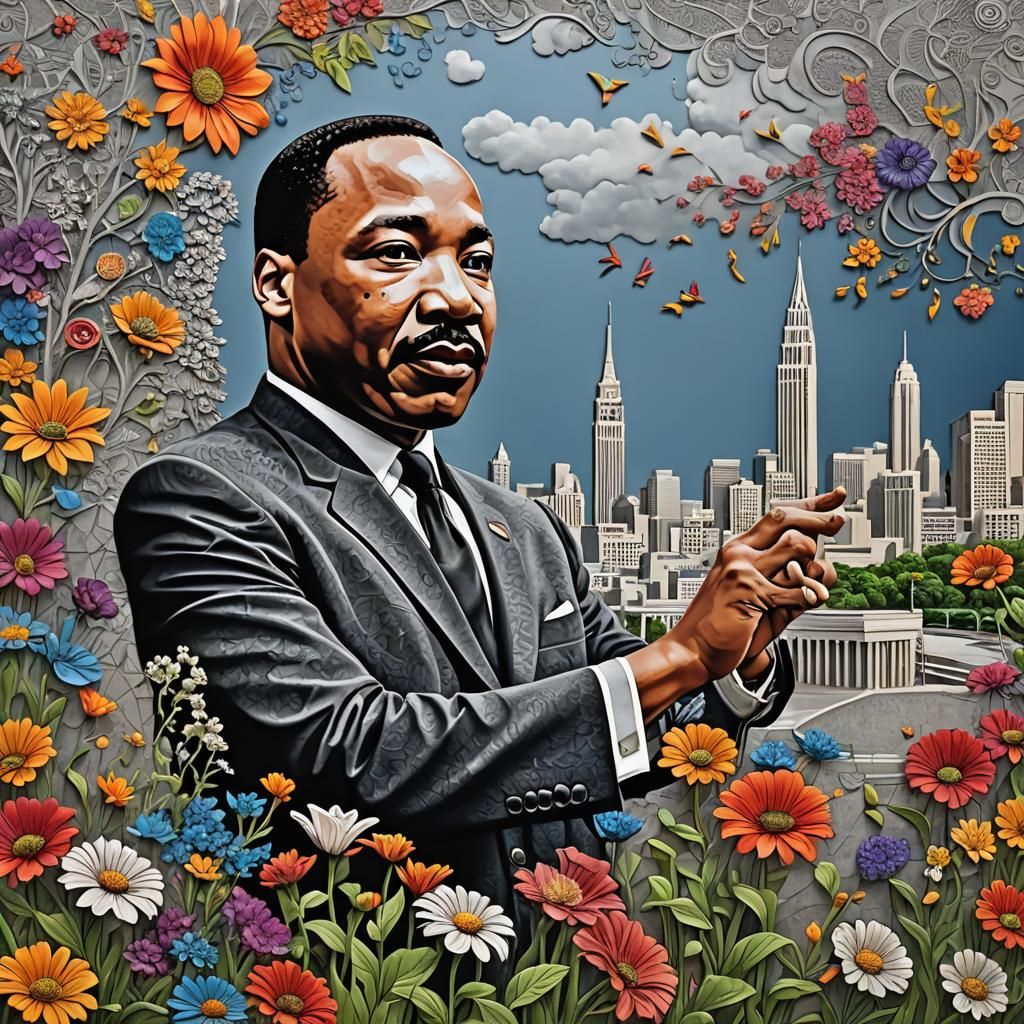 Picture perfect rendering of the Martin Luther King Junior skyline with flowers in bloom, intricately detailed, colorful...
