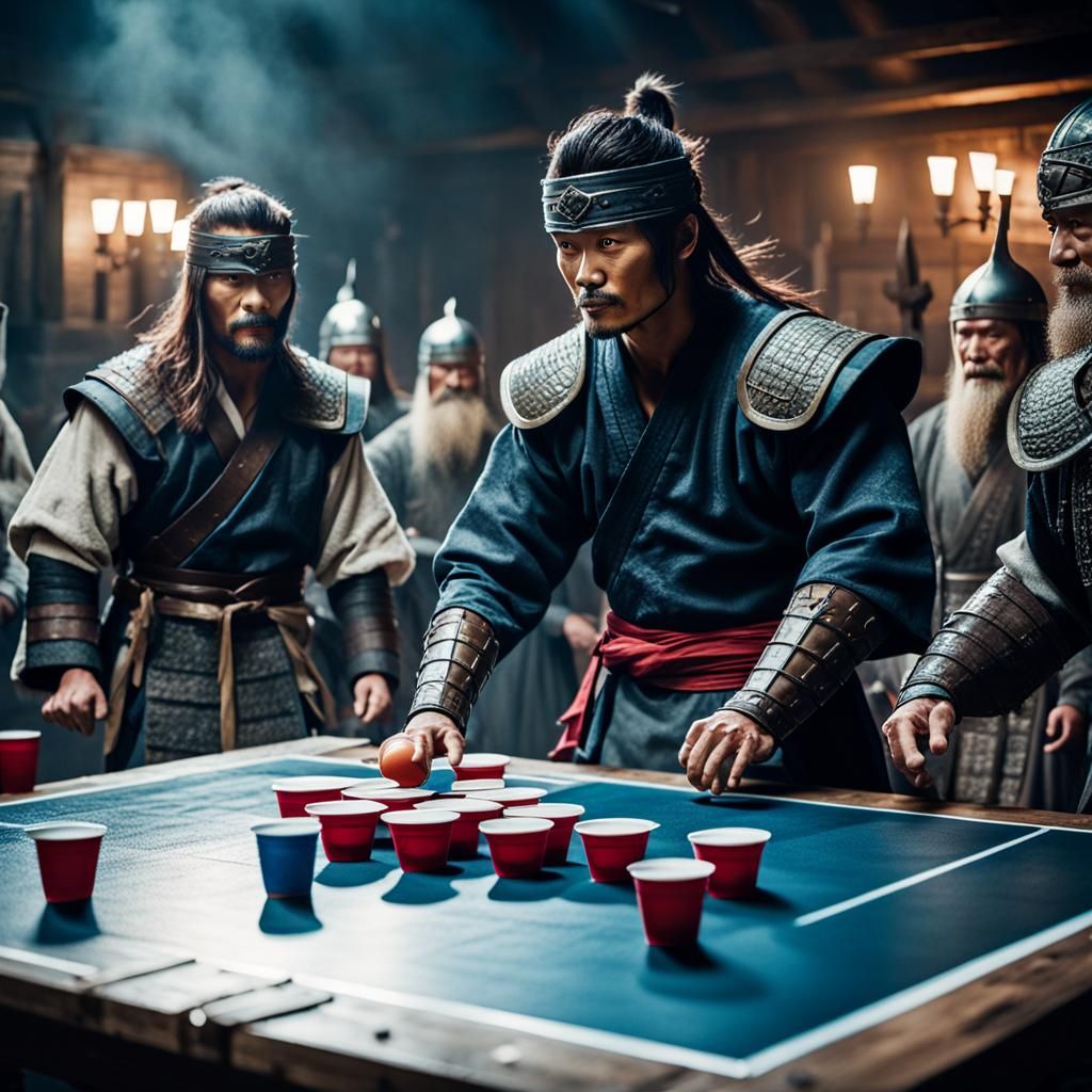 Ninja and Vikings Play Beer Pong: Cinematic Film Still