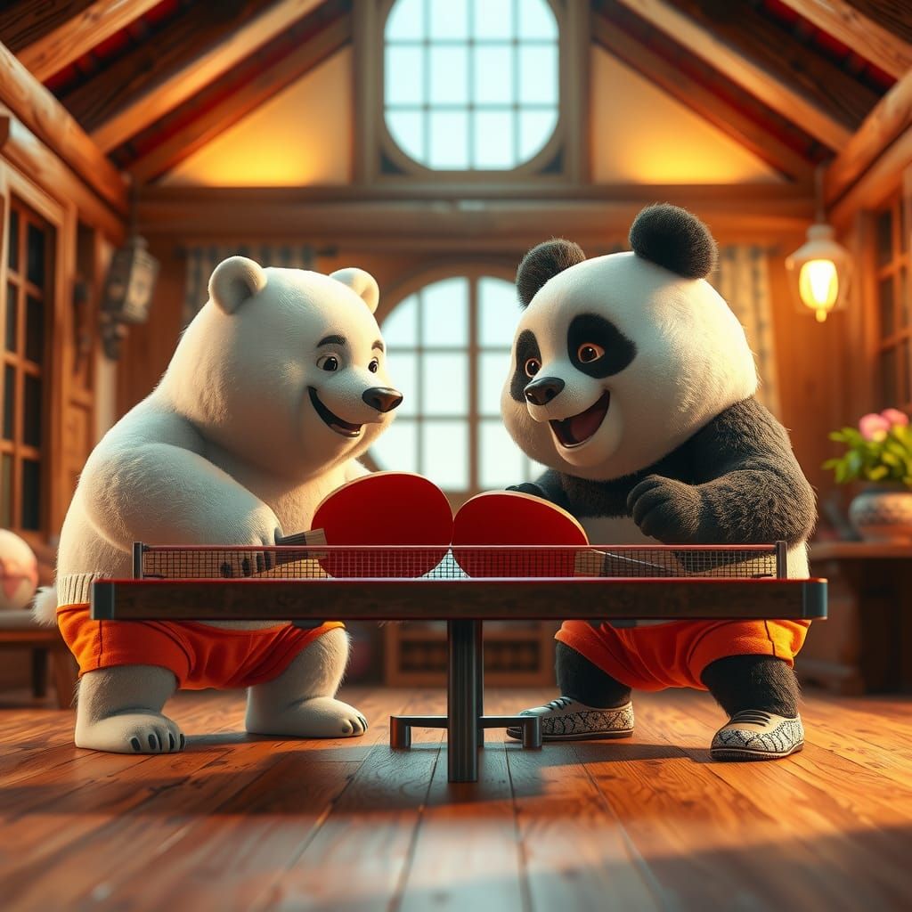 White Bear and Panda Play Ping Pong, Animated Style