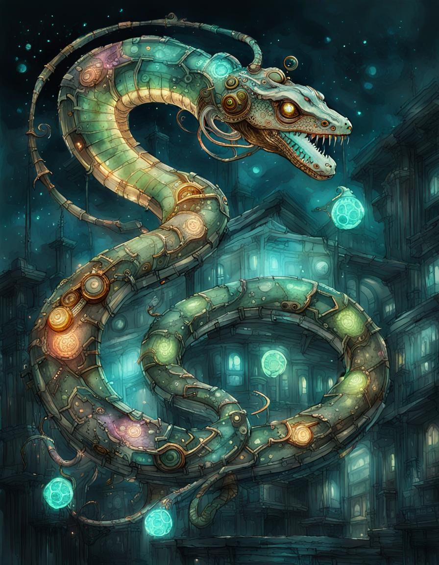 Steampunk Biopunk Serpent Digital Watercolor Illustration