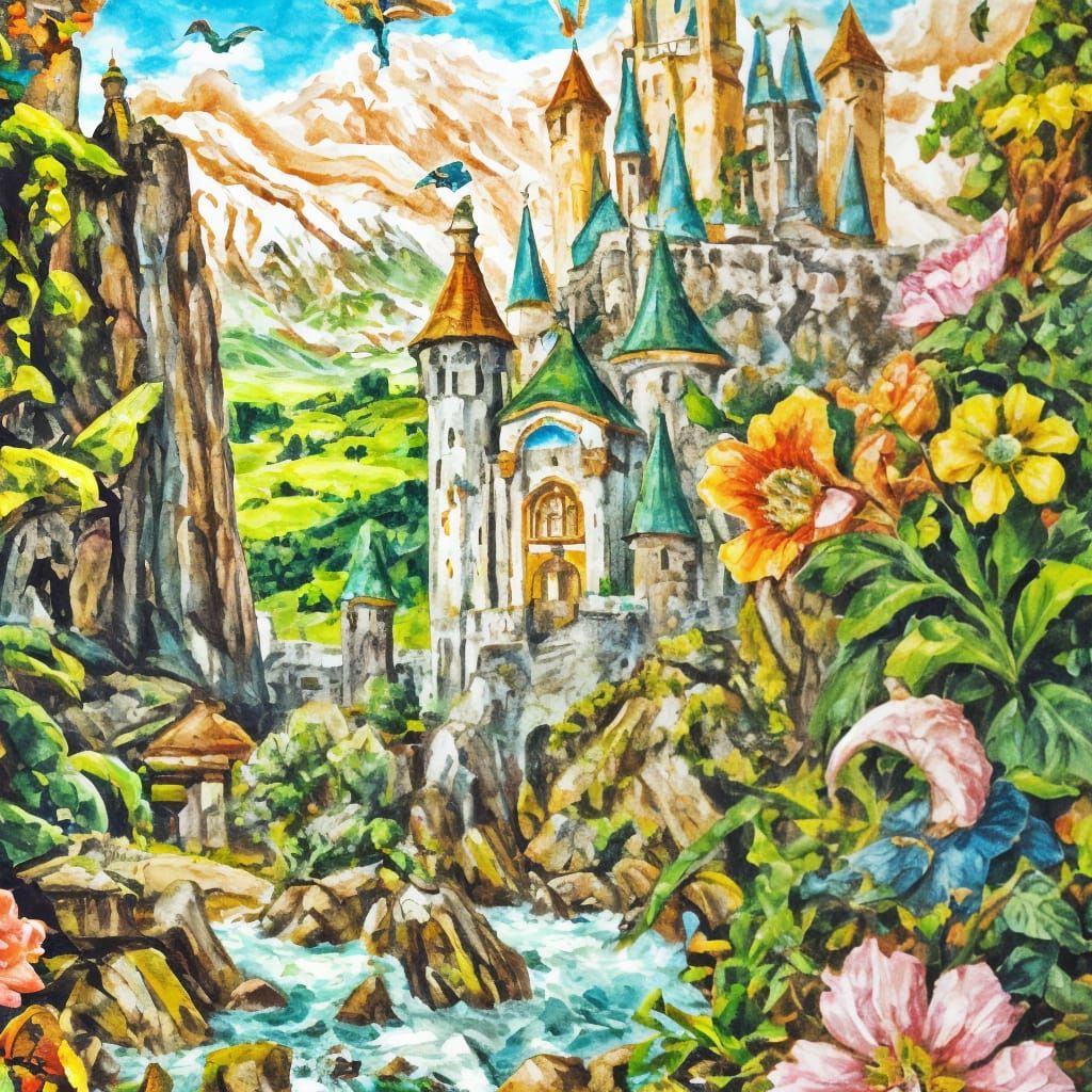 Detailed Medieval Landscape Painting with Castle