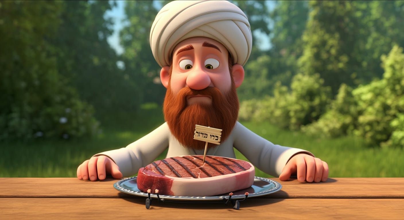 Cartoon Rabbi Enjoying a Grilled Steak in the Park