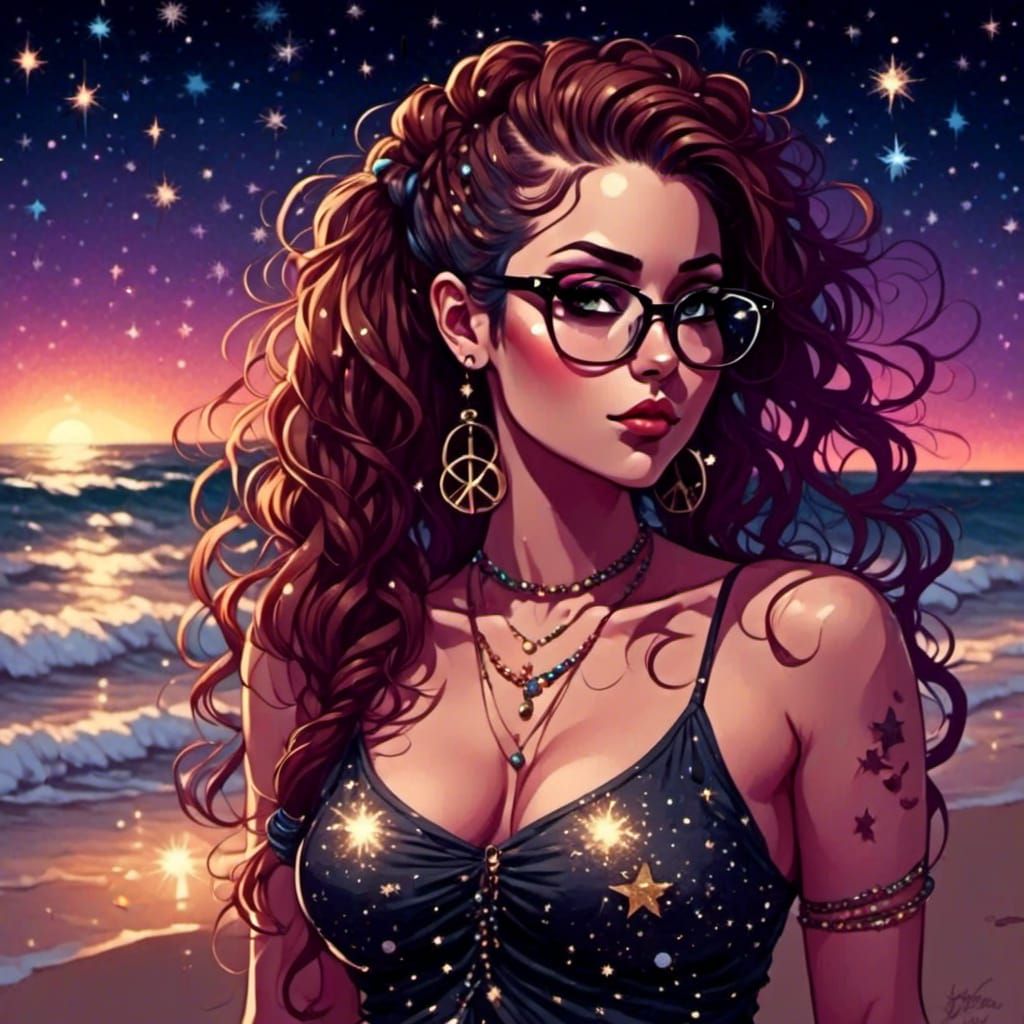 Hillbilly Poetess on Beach with Cosmic Breeze