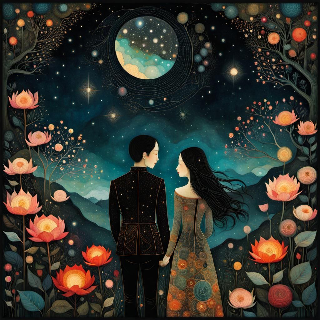 Whimsical Lovers Gazing at Night Sky