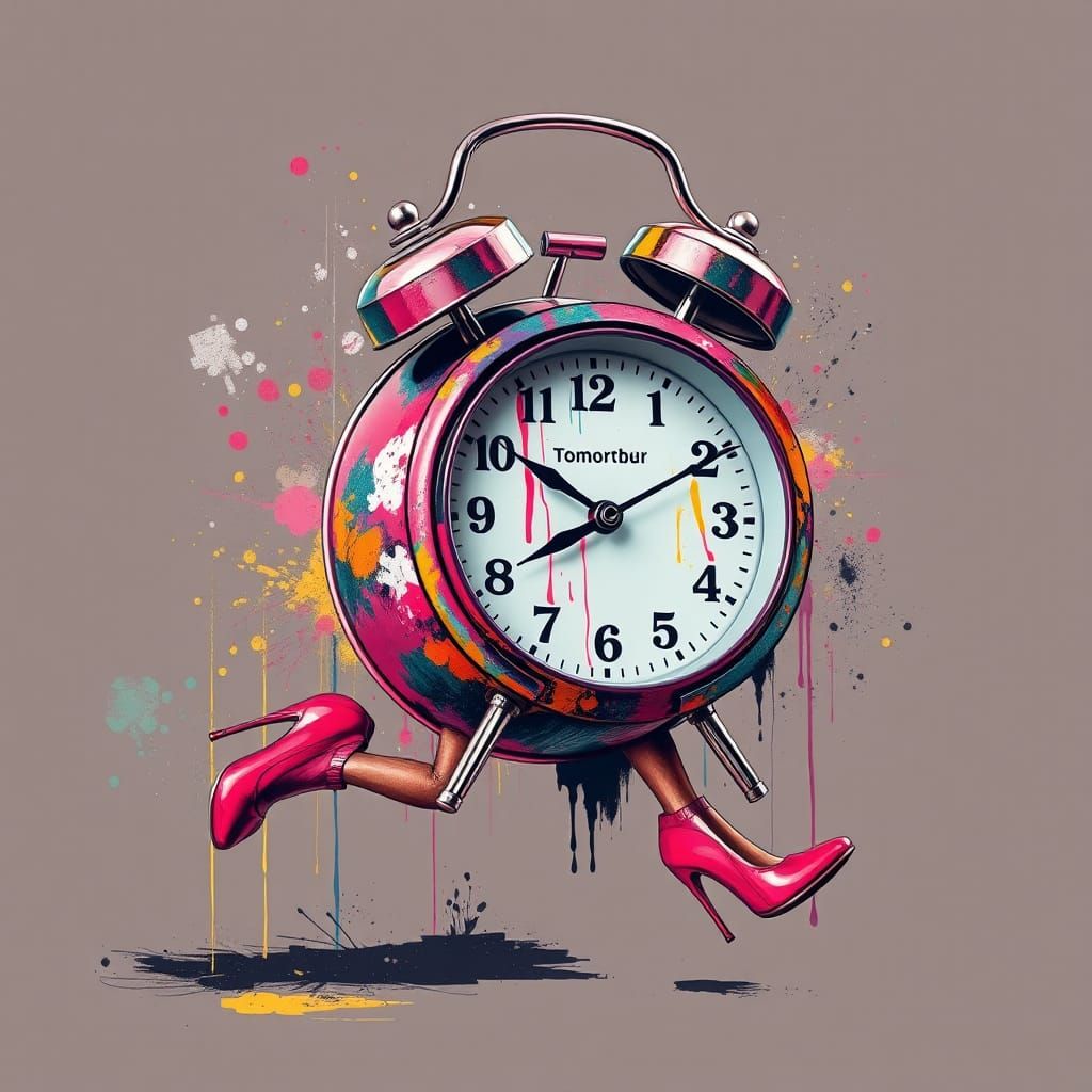 Retrofuturistic Alarm Clock Runs Away, Graffiti Art