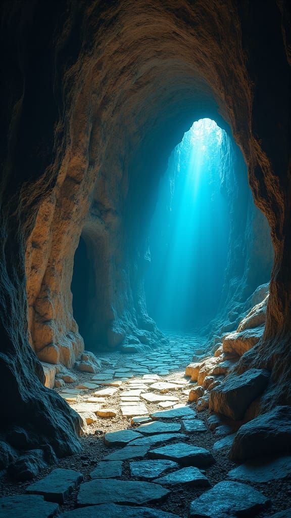 Mysterious Cauldron in Stone Cave with Blue Flames
