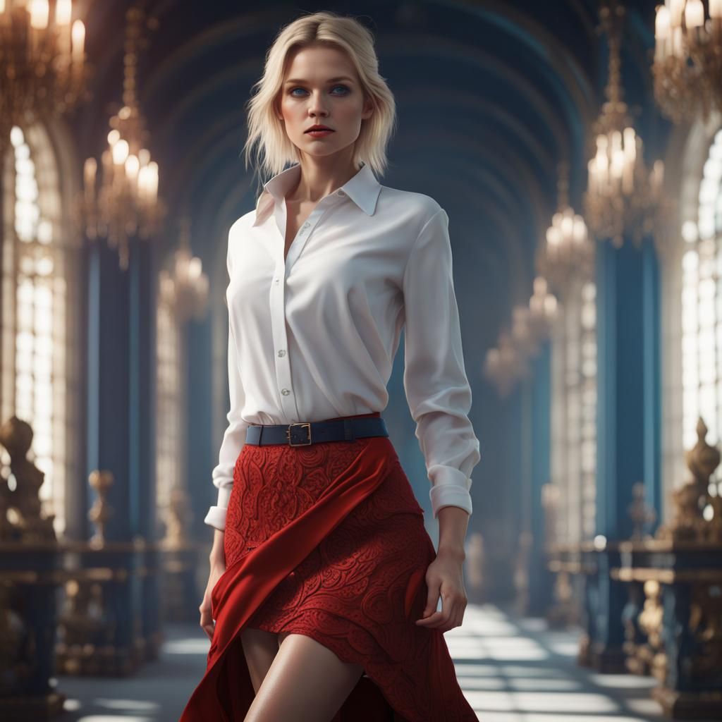 Woman on Catwalk in Red Skirt, Digital Art