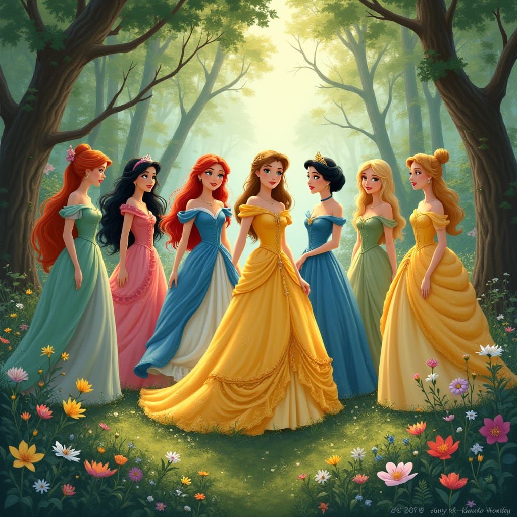 Disney Princesses Gather in Enchanting Whimsical Forest