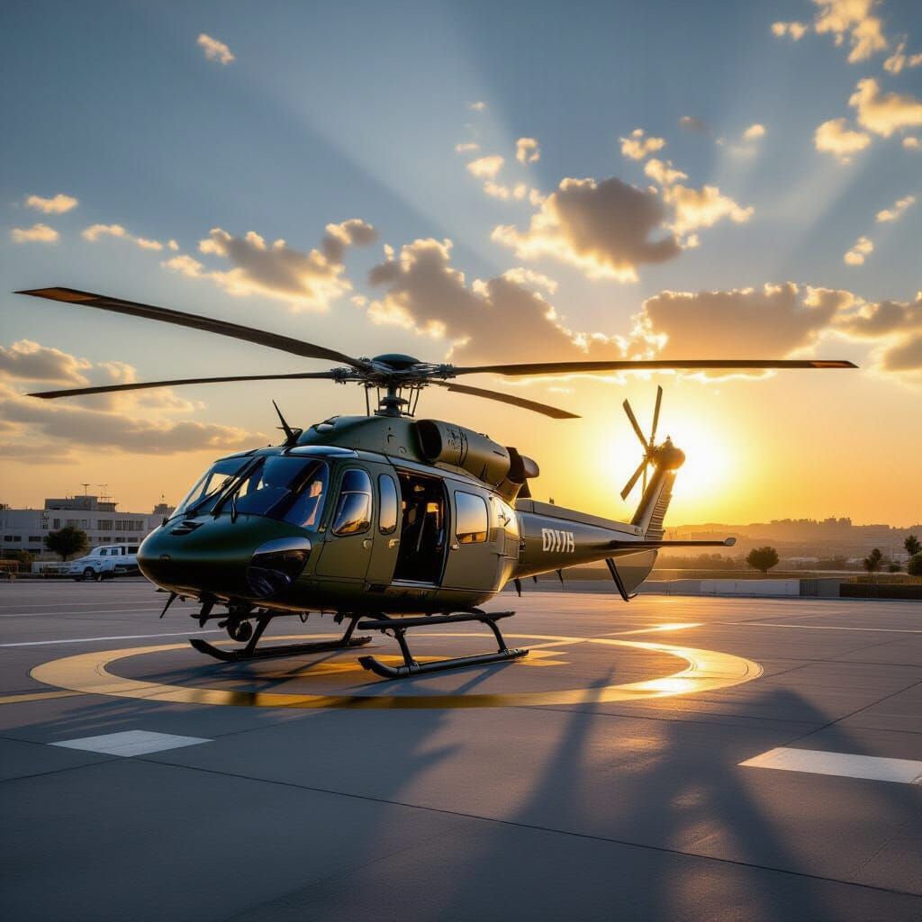 Military Helicopter Lands on Hospital Helipad at Sunset