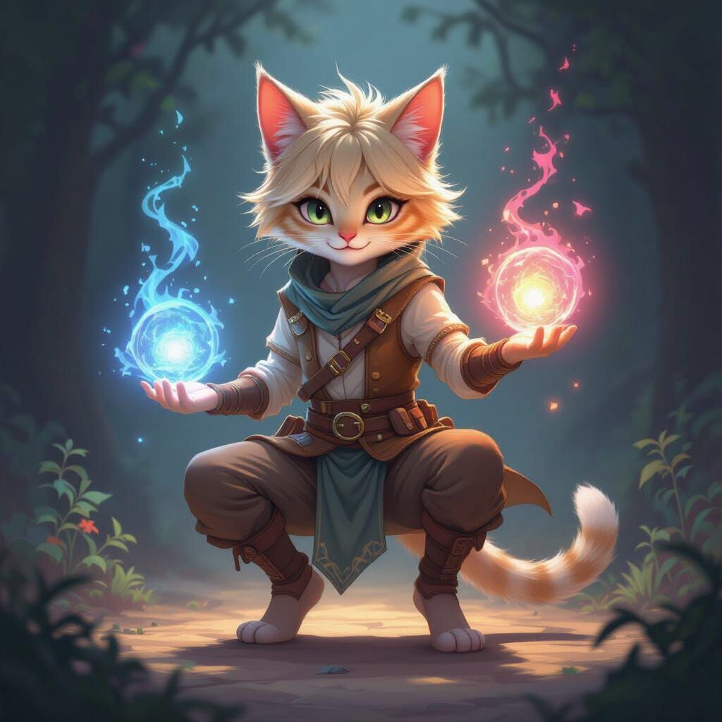 Cat-Human Hybrid Mage with Blonde Hair in Ethereal Light