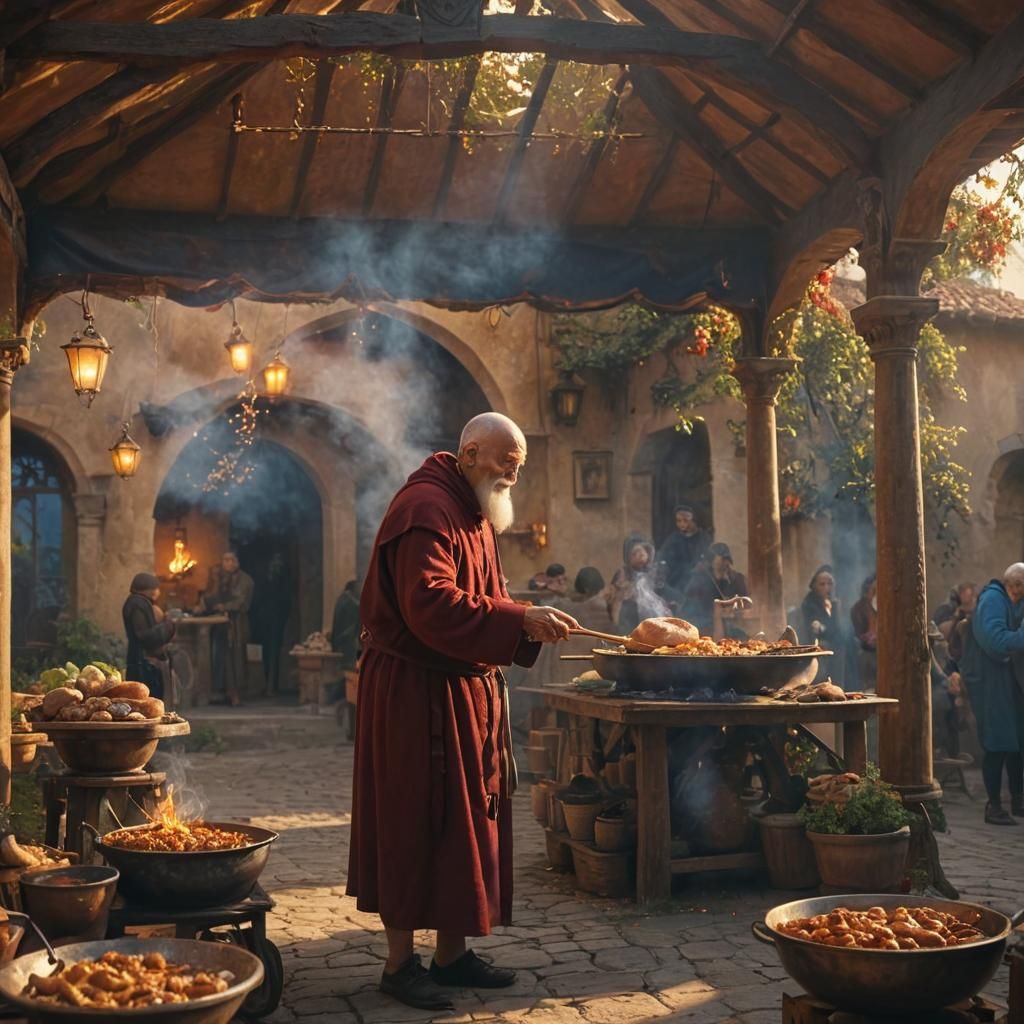 Monk Serving Food in Renaissance Style Shelter