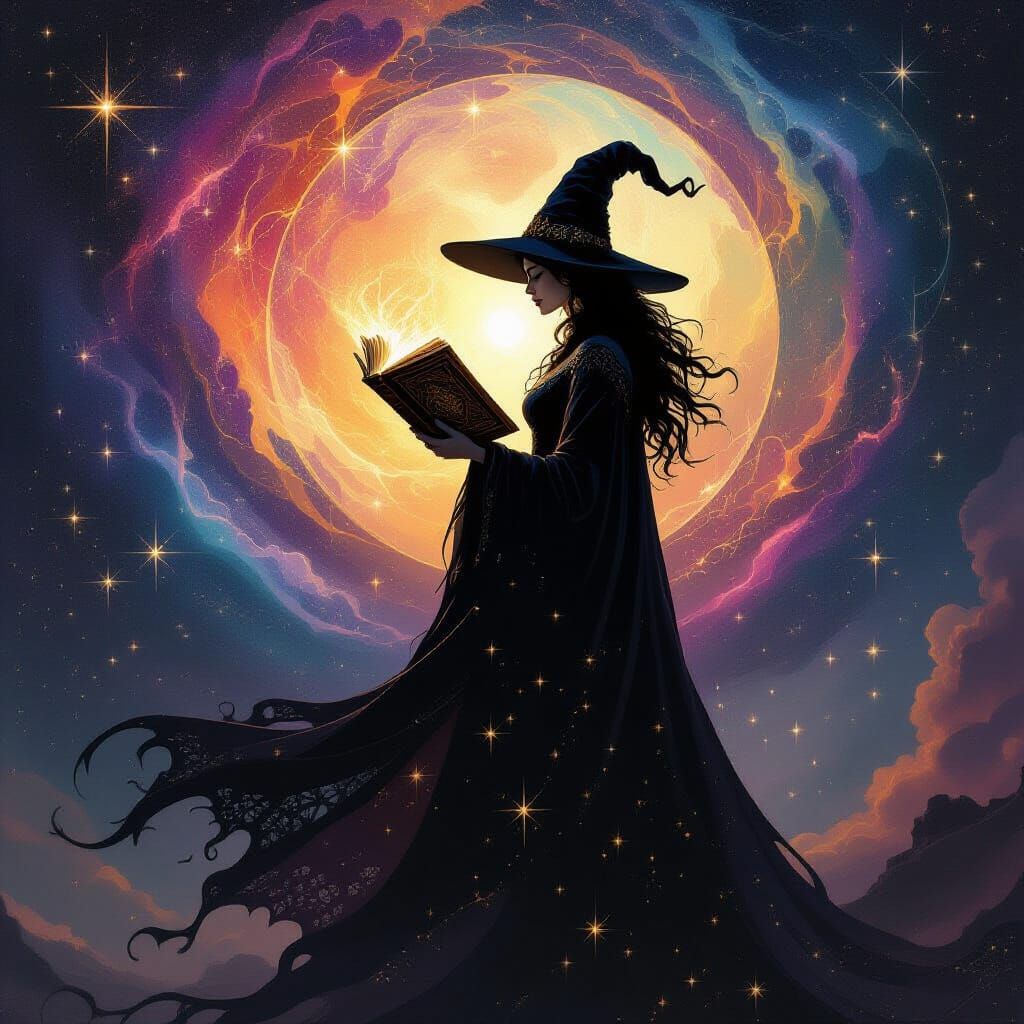 A lone witch, her silhouette stark against a swirling cosmic...