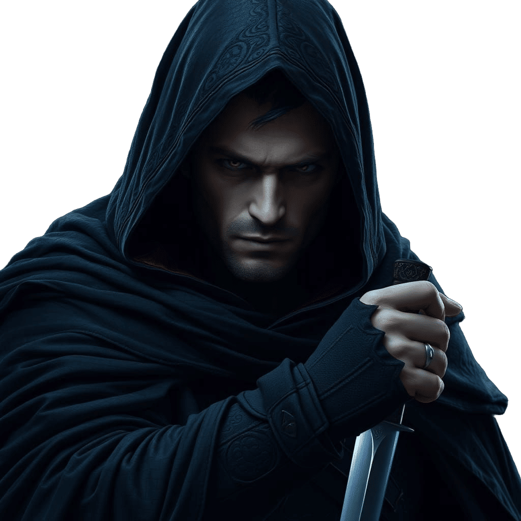 Hyperrealistic Assassin in Black Cloak with Dagger