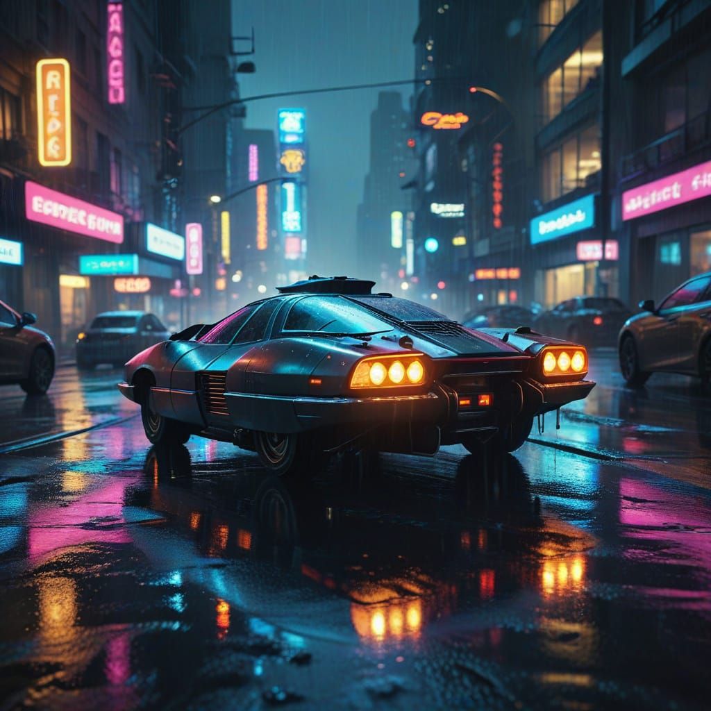 Cyberpunk Hovercar Races Through Neon City at Night