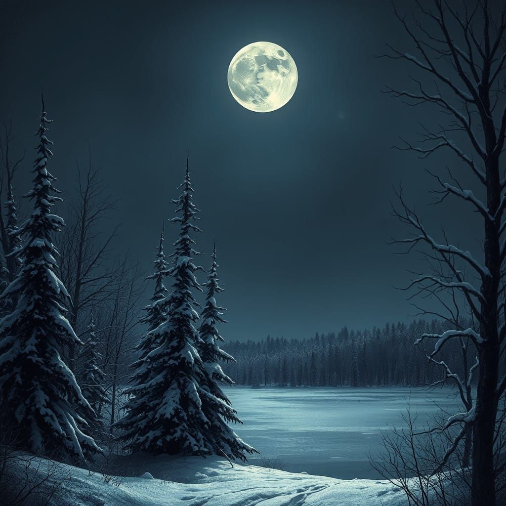 Winter Forest Landscape under a Haunting Full Moon