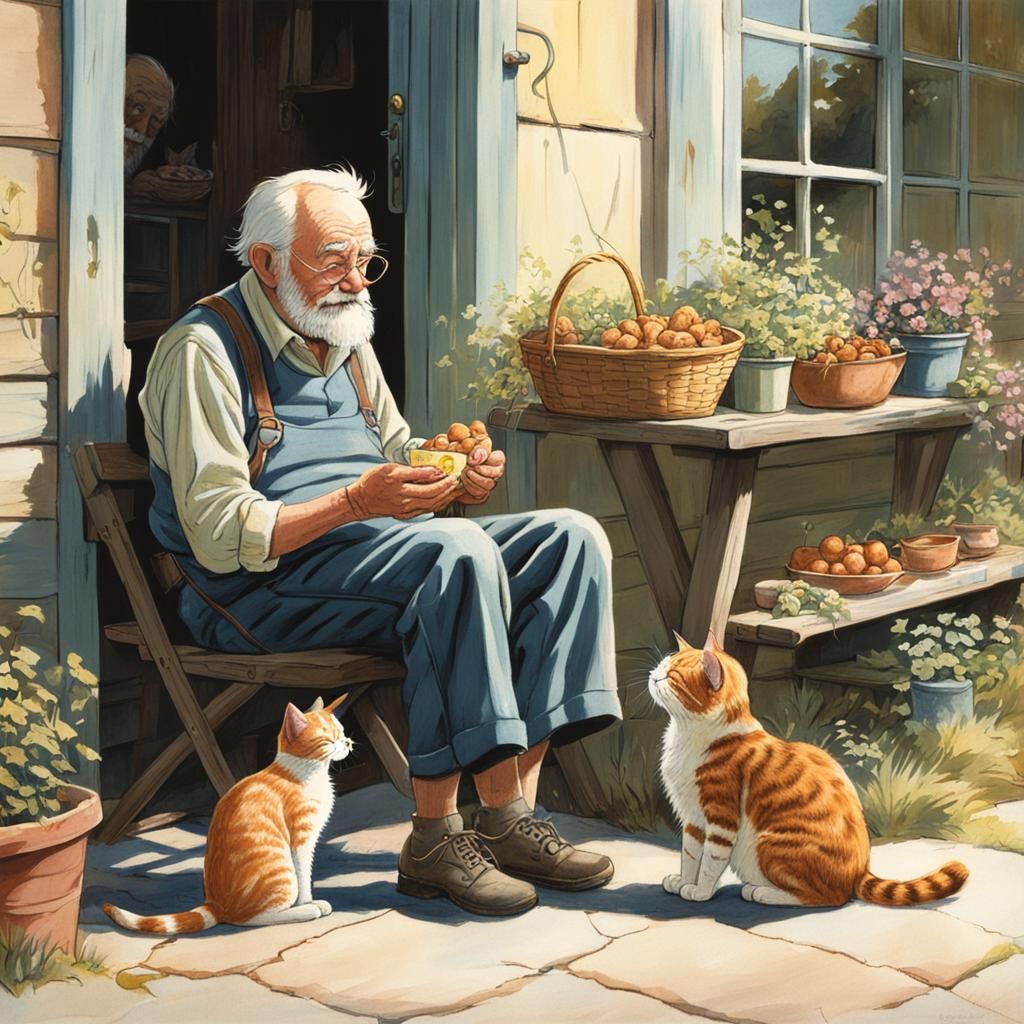 Old Man Feeding Cat in Cartoon Style